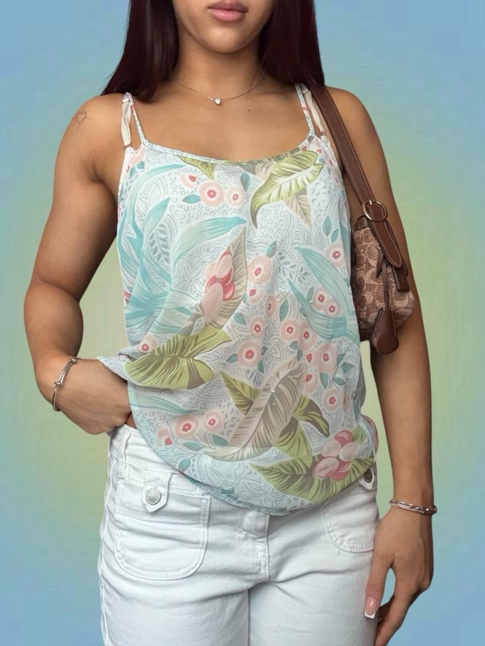 Light Blue Floral Print Spaghetti Strap Tank Top